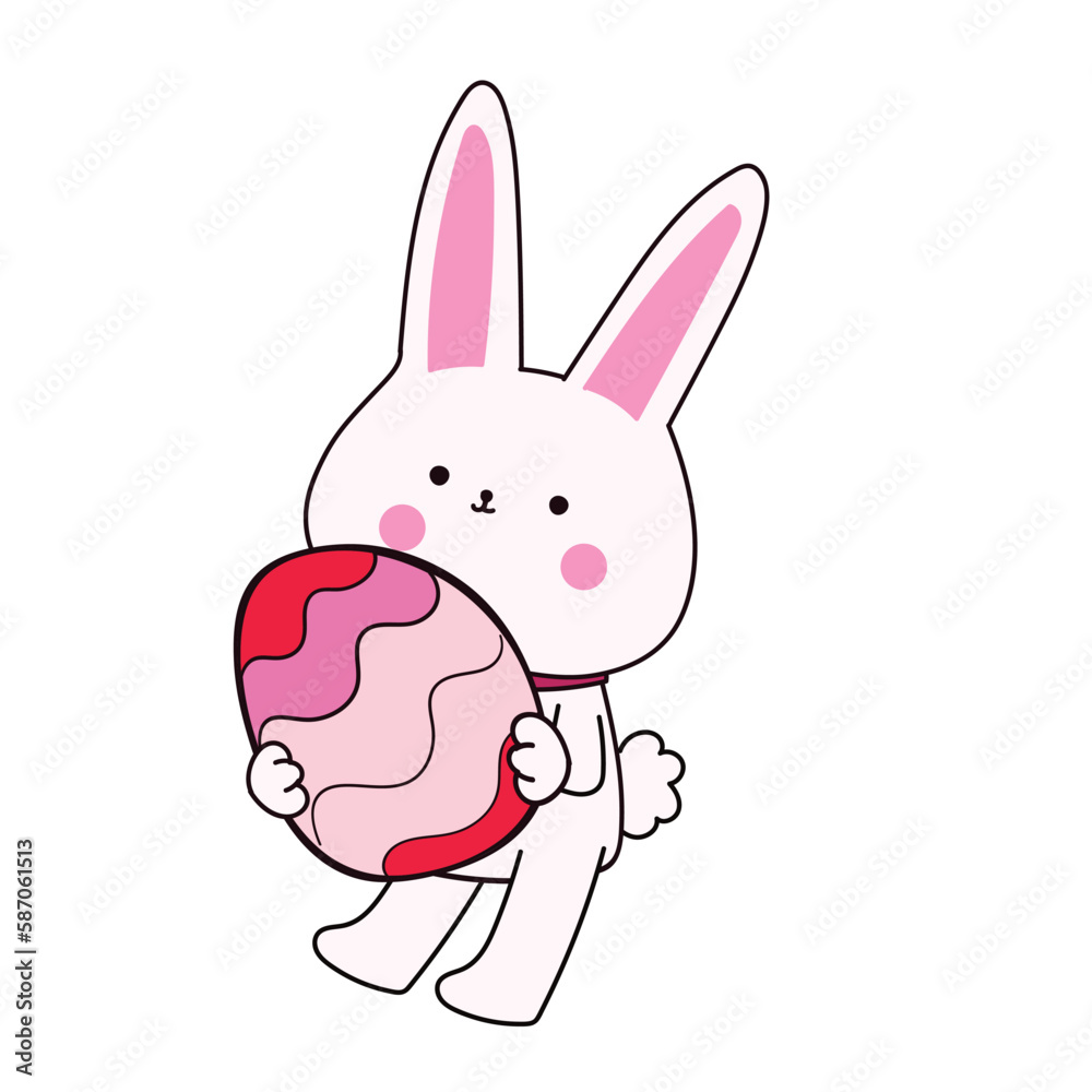 Happy Easter element set of funny rabbit animals, eggs and floral decoration in cute cartoon style. Flat hand drawn icon
