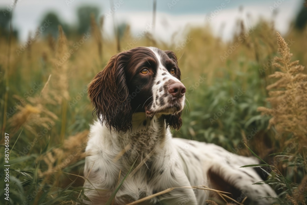 dog in the field is an English Springer Spaniel. Generative AI