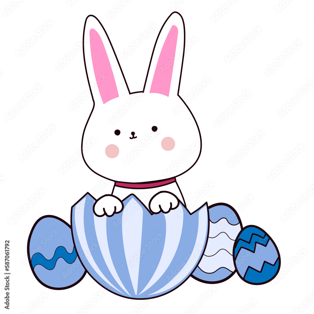 Obraz premium Happy Easter element set of funny rabbit animals, eggs and floral decoration in cute cartoon style. Flat hand drawn icon