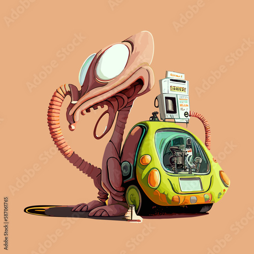 Vector cute and fantastic alien wall arts , with gas station