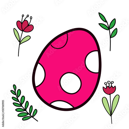 Happy Easter element set of funny rabbit animals, eggs and floral decoration in cute cartoon style. Flat hand drawn icon