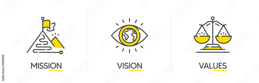 Mission, vision and values of business company. Target goal, global view and scales icons. Success template. Mission purpose flag, leader global vision and core value. Infographic concept. Vector Mission, vision and values of business company. Target goal, global view and scales icons. Success template. Mission purpose flag, leader global vision and core value. Infographic concept. Vector