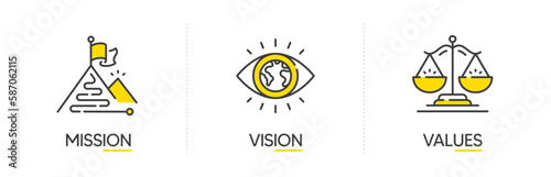 Mission, vision and values of business company. Target goal, global view and scales icons. Success template. Mission purpose flag, leader global vision and core value. Infographic concept. Vector
