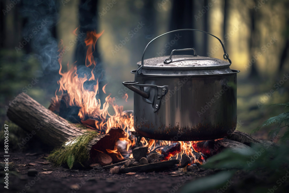 A camping kettle hangs over a fire in the forest in summer. Active holidays on vacation. AI generated. A camping kettle hangs over a fire in the forest in summer. Active holidays on vacation. AI generated.