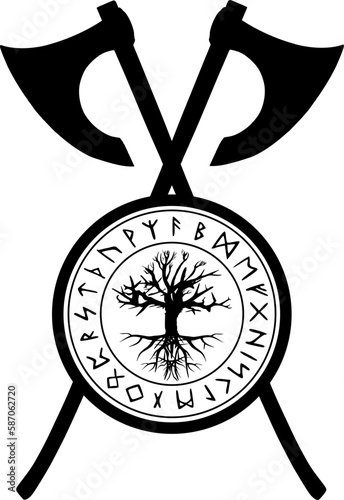 Wikinger Symbolik - gekreuzte Äxte mit Runenkreis und Weltenbaum Yggdrasil