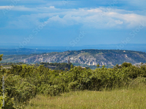 Stunning wild landscape of the Alpilles in Provence in France with a meadow and scrubland and the iconic Saint-Jacques hill in the background