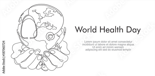 World health day.Single continuous line of hands holding  the globe and stethoscope . Earth globe in human hands.