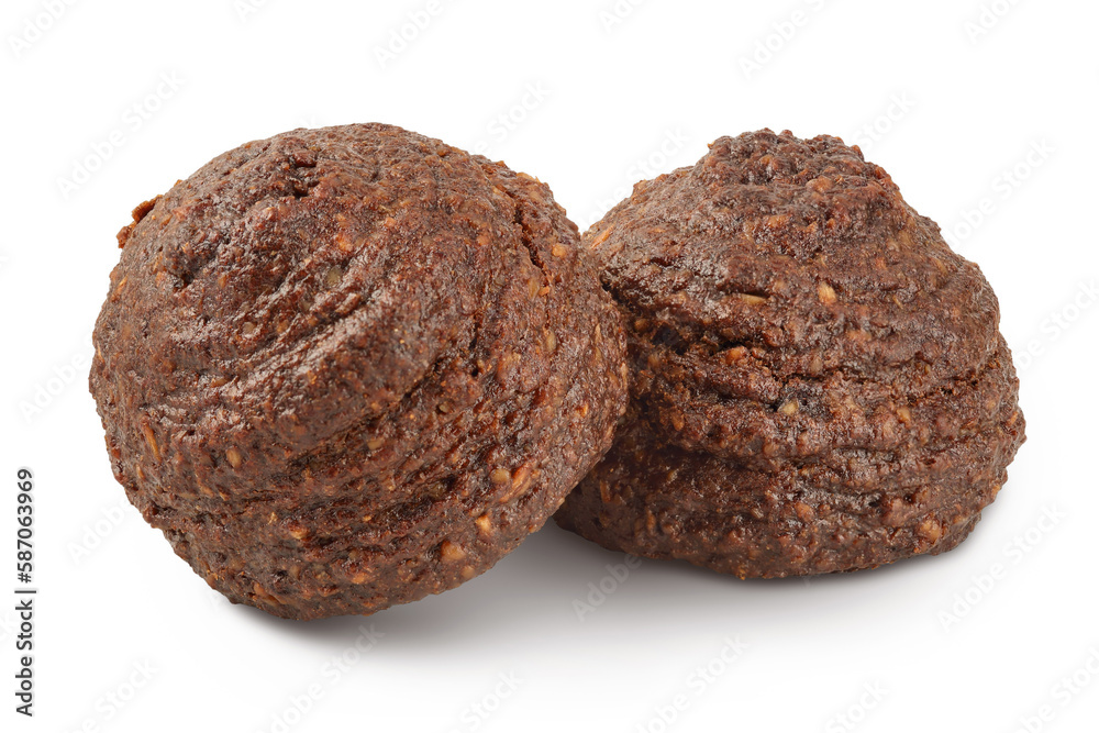 chocolate cookie with kerob, banana, cashew, sunflower seeds and coconut paste isolated on white background. Healthy food, gluten-free, flour-free chocolate cookie with kerob, banana, cashew, sunflower seeds and coconut paste isolated on white background. Healthy food, gluten-free, flour-free