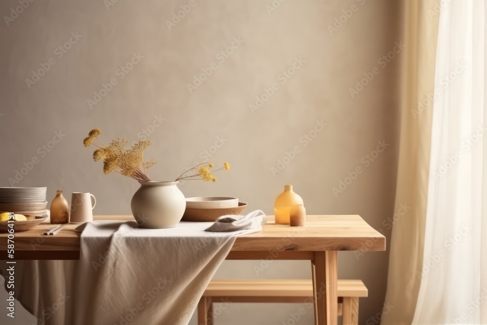 Stylish beige interior of dining room with design wooden table and vase with flowers Stylish beige interior of dining room with design wooden table and vase with flowers