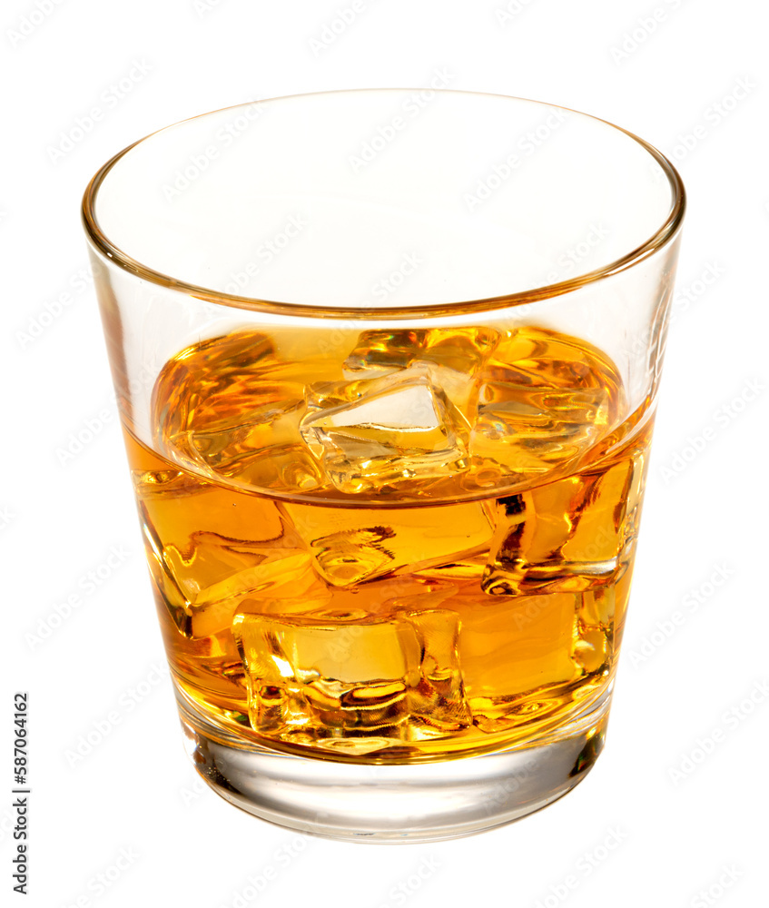 Glass of whiskey or whisky or bourbon or scotch, with ice cubes, closeup isolated