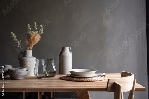 Stylish grey interior of dining room with design wooden table and vase with flowers