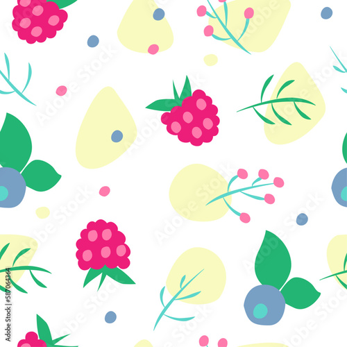 pattern with berries, raspberries and blueberries and abstract elements on a white background