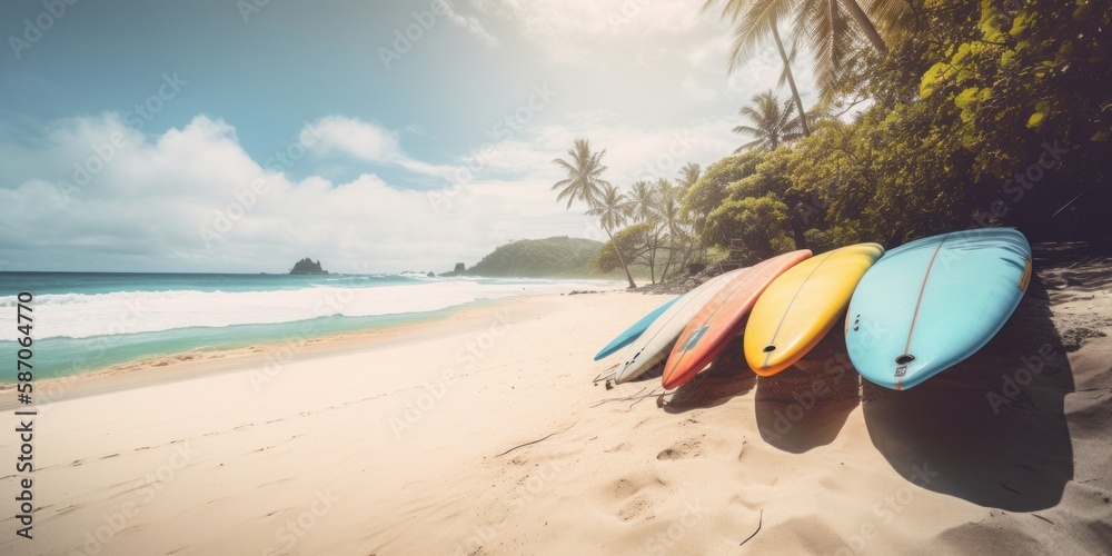 tropical beach landscape with surfboards, generative ai