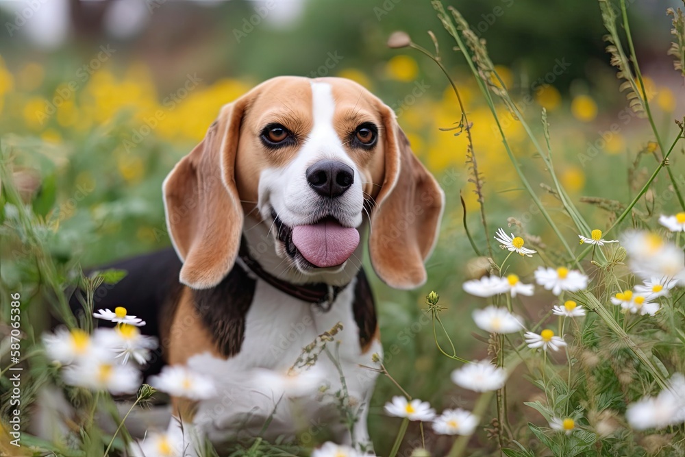 Portrait Stock Picture of a Beagle Dog on Flowers and Grass. Generative AI