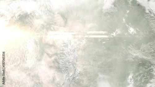 Earth zoom in from outer space to city. Zooming on Cheyenne, Wyoming, USA. The animation continues by zoom out through clouds and atmosphere into space. Images from NASA