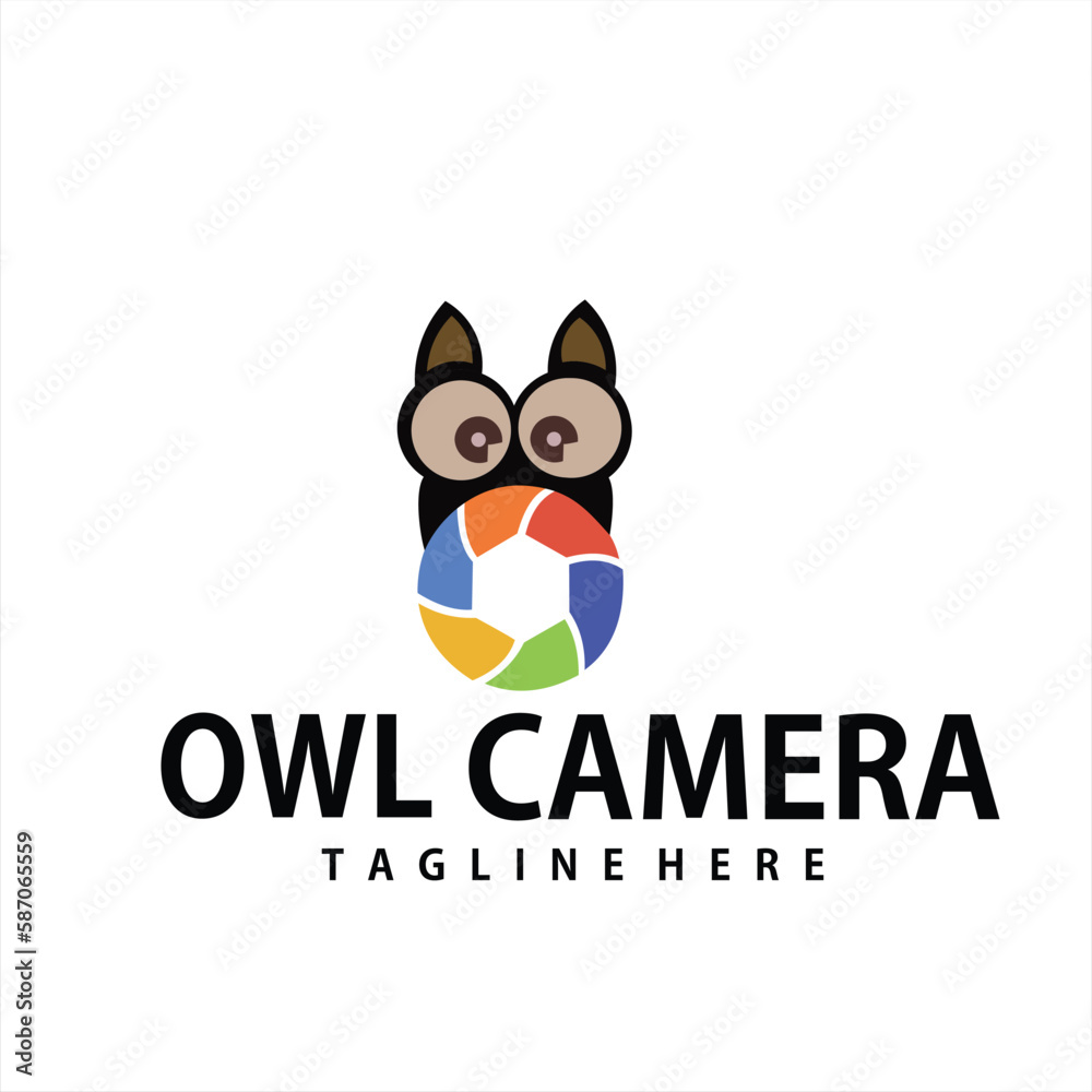 a camera logo with an owl illustration