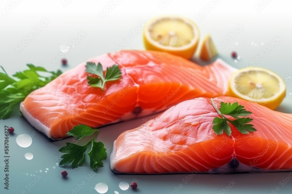fresh salmon with lemon and mint close-up fresh salmon with lemon and mint close-up