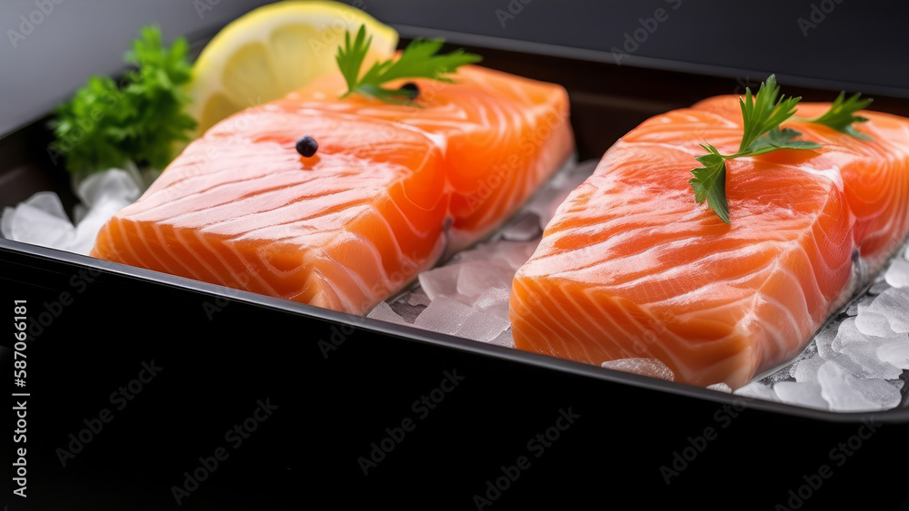 fresh salmon with lemon and mint close-up fresh salmon with lemon and mint close-up