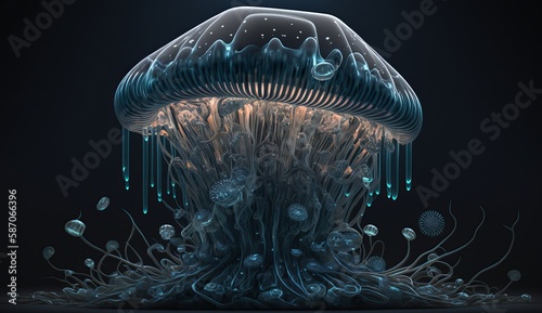 Blue jellyfish with tentacles in the form of roots and various bacteria in the depths of the ocean. ai generation