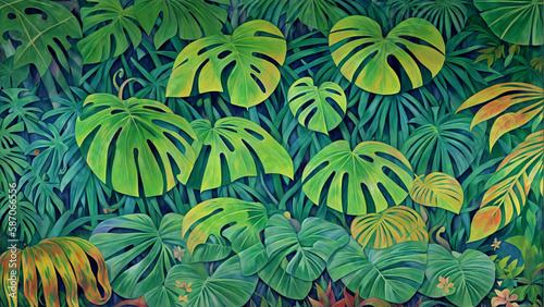 Painting background with fantasy jungle  tropical plants  flowers and leaves. Decorative painting  Generative AI