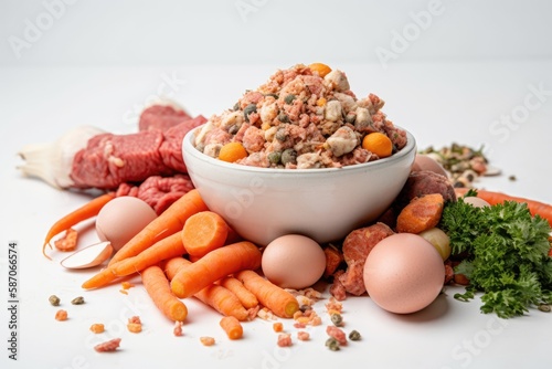 Natural Dog paws and raw organic dog food on a white backdrop. Canine BARF diet. eggs, vegetables, and raw meat. Generative AI