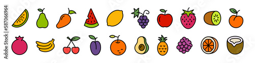 Fruit icon set. Flat outline style fruit set