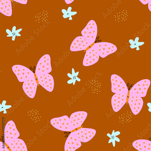 seamless pattern with abstract flowers and butterflies,childish print for wallpaper,kids fabric,nursery interior,pastel baby shower illustration in doodle style.