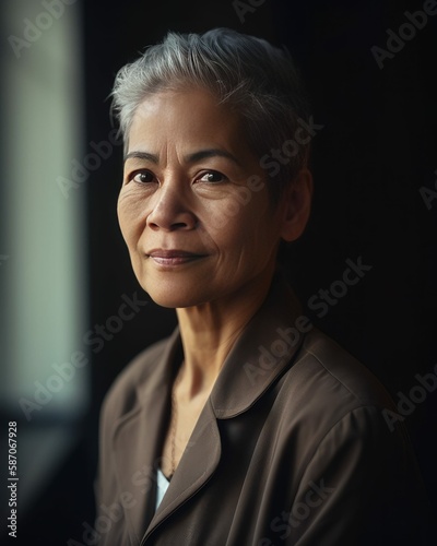 Mature Businesswoman in Office with Grey Hair Photorealistic Portrait Illustration [Generative AI]