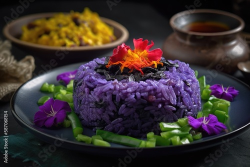 Popular Malay rice dish called nasi kerabu. The butterfly pea flower petals give rice its blue tint. Asian cuisine, traditional Malaysian food. Generative AI photo
