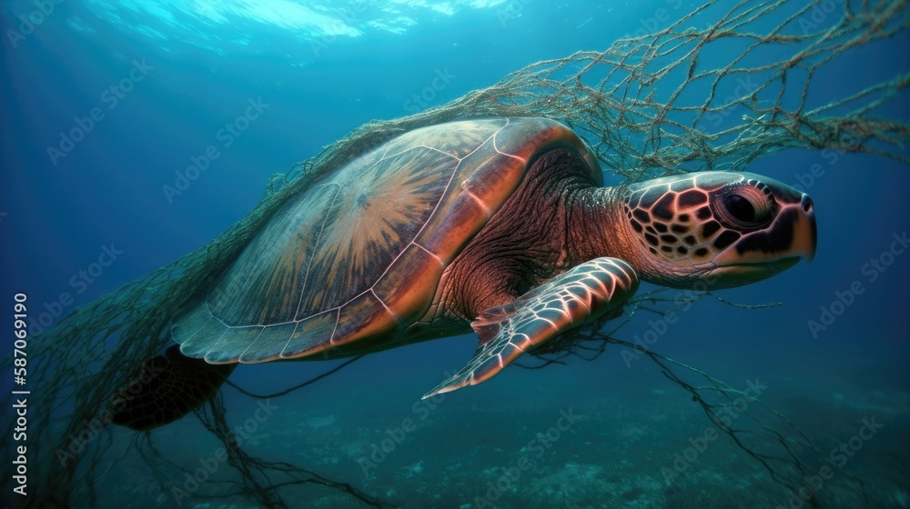 Naklejka premium Social issues. Turtle, that inadvertently caught in fishing nets. Generative ai.