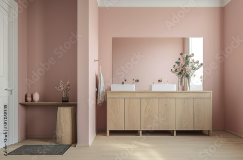 Generative AI illustration of minimalist bathroom with powdery colors walls  birch plywood bathroom cabinet 