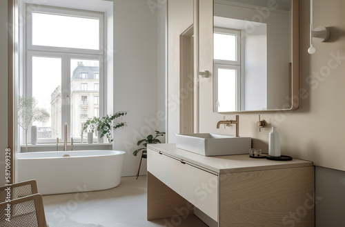 Generative AI illustration of minimalist bathroom with powdery colors walls  birch plywood bathroom cabinet 