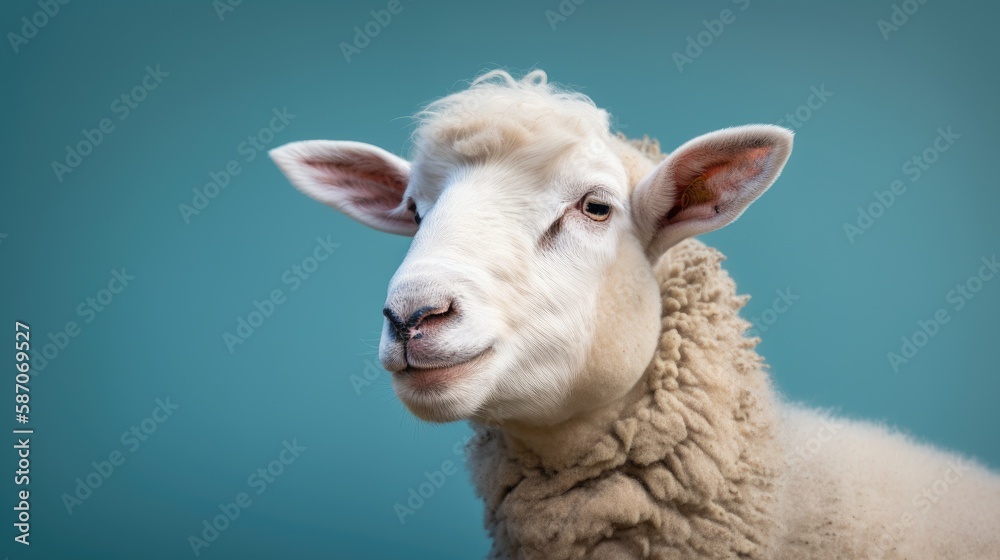 Fototapeta premium A happy lamb - portrait on a blue background, generative ai