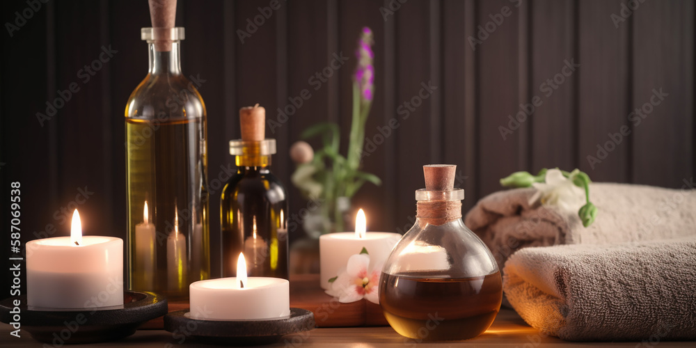 An array of aromatic oils and soft towels sets the scene for a relaxing spa experience.