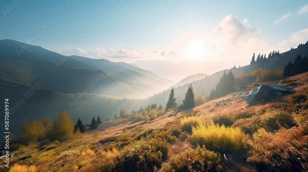 Fototapeta premium Breathtaking panorama of morning wild nature high in mountains, generative ai