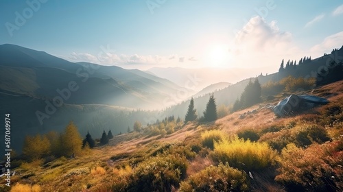 Breathtaking panorama of morning wild nature high in mountains, generative ai © Creative Station