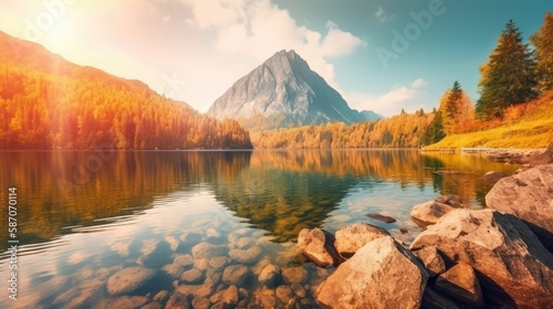 Colorful summer view of lake. Bright morning scene of mountain peak on background, generative ai