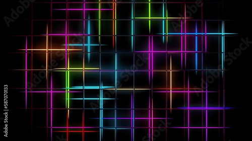 Composition of multicoloured neon grid over black background, generative ai