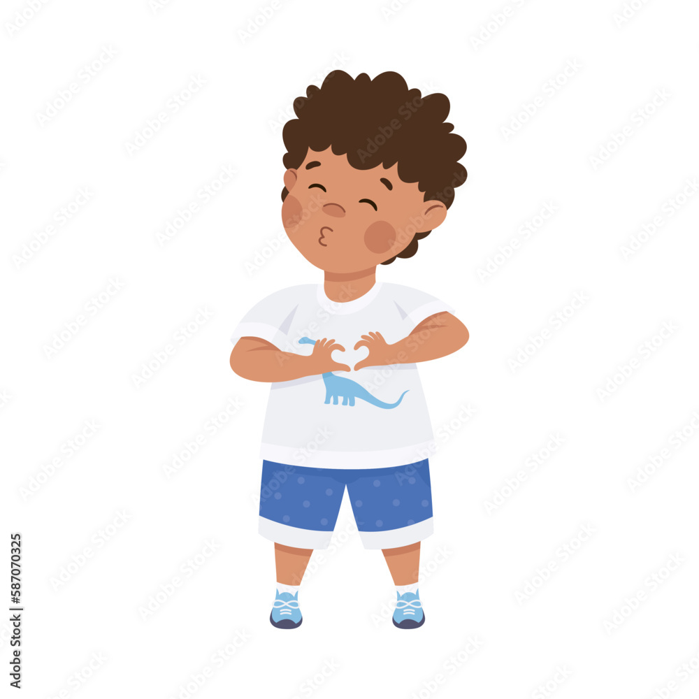 Cute little boy giving kiss and making love gesture. Dark haired curly boy dressed white t-shirt and blue shorts joining hands in heart shape cartoon vector illustration Cute little boy giving kiss and making love gesture. Dark haired curly boy dressed white t-shirt and blue shorts joining hands in heart shape cartoon vector illustration