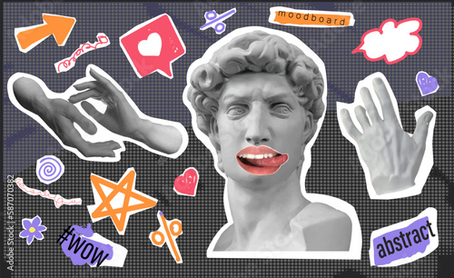 Set of modern stickers. Retro style. Poster with hands. David and collage Psychedelic background. Multicolored geometric elements. . set of doodle collage elements. Pictures for social networks