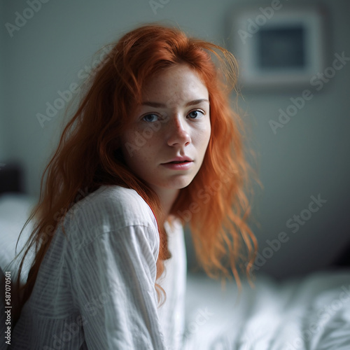 Looking down from the ceiling, we see a beautiful young , incredibly skinny girl looking up at us from her soft white bed in her plain bedroom, generative ai