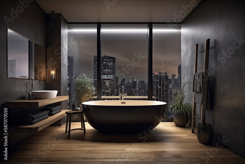 Front view of a dark bathroom with a bathtub  a blank wall  a stool with towels  an oak floor  and a window with a city building in the distance. Generative AI