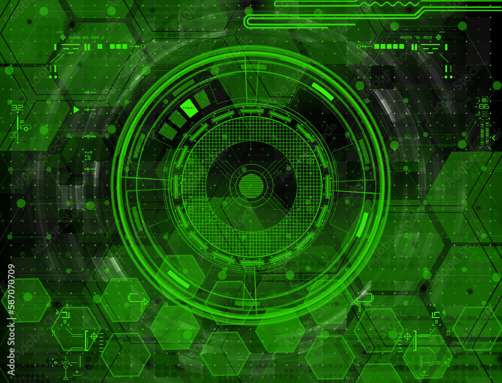 Abstract background with simple neon green hexagon and circles geometrical shapes. Geometric template with fluid gradients. Line design, technology concept.