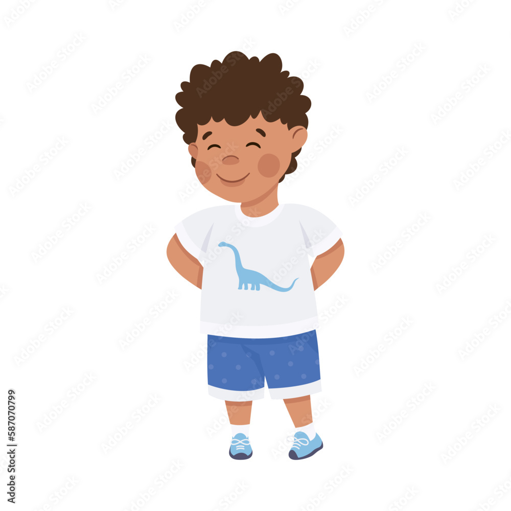 Cute happy smiling little boy. Friendly dark haired curly boy dressed white t-shirt and blue shorts cartoon vector illustration Cute happy smiling little boy. Friendly dark haired curly boy dressed white t-shirt and blue shorts cartoon vector illustration