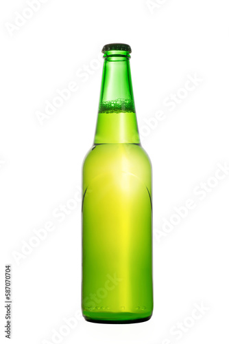 Green glowing beer bottle. Isolated png with transparency