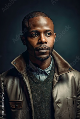 Portrait of a fashionable black man in a jacket. Generative Ai. Style, trendy, modern, urban, fashion, male, young, adult, handsome, confident, cool.