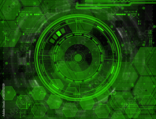 Abstract background with simple neon green hexagon and circles geometrical shapes. Geometric template with fluid gradients. Line design, technology concept.