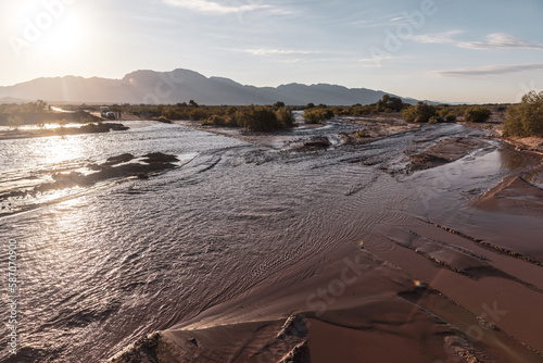 A flooded road in the desert