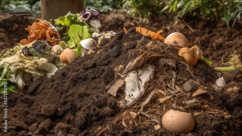 organic living compost in the detail. You can see biodegradable kitchen waste, wood ash, paper, soil and earthworms, generative ai