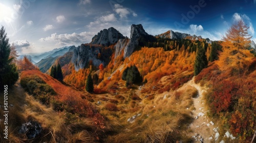 Panorama mountain autumn landscape, generative ai
